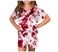 Generico Set di Pigiama da 2 Pezzi per Ragazze,Pigiami Due Biancheria Notte Ragazze graziosi a Maniche Corte Solido Loungewear Tops Pants Nightwear Abbigliamento Estivo 7-14 Anni