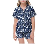 Generico Set di Pigiama da 2 Pezzi per Ragazze,Stampa Artistica con Due Tasche graziosi a Maniche Corte Camicia Notte abbottonata Felpato Bambina Loungewear Ragazze 2-9 Anni