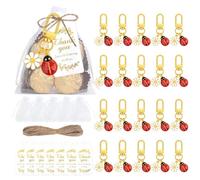 Generico Set di portachiavi con coccinella a sette punti, 20 pezzi, bomboniere per feste con sacchettino in organza e bigliettini di ringraziamento, ideali come souvenir per baby shower