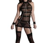 Generico Set Intimo Sensuale con Abito in Tulle Trasparente, Lacci Regolabili e Catene, Polsini Coordinati, Tessuto Morbido ed Elastico, Ideale per Look Audaci e Serate Speciali