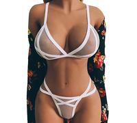 Generico Set Lingerie Donna Trasparente, Nightwear Taglie Forti Intimi Set Bianco Pizzo Bodysuit Curvy Rete Intima da Notte con Reggiseno e Perizoma con Buco Valentine's Day