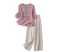 Generico Set Lino Estivo Tuta Donna 2 Pezzi Pantalone Lungo Estivo Tuta Elegante Maniche 3/4 Completo Estiva Curvy Tute Casual Completi Leggera Comodi Set Cerimonia Casa Tinta Unita Drop Shoulder