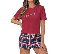 Generico Set Notte Donna Girocollo Stampa Tre Quarti con Pantaloncini a Fiocco, Pullover