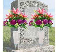 Generico Set of 2 Artificial Cemetery Flowers with Vase Grave Memorial Flowers Artificial Rose Bouquet for Cemetery Headstones Decoration Outdoor Grave Decorations (Viola)