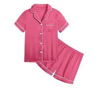 Generico Set Pigiama da Bambina in Cotone Morbidi e Comodi Pigiami Raso con Bottoni Stampa, Due Pezzi Camicia Notte abbottonata Morbido di Pantaloni Abbigliamento Estivo 7-14 Anni