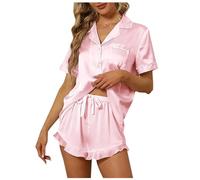 Generico Set Pigiama da Donna, Moda Casual, Tinta Unita, con Bottoni, Cravatta e Camicia Corta (RD1, M)
