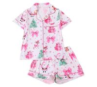 Generico Set Pigiama Donna Casual Natalizio, Stampa Alberi di Natale E Babbo Natale, Colletto, Maniche Corte E Pantaloncini, Ideale per Tutte Le Stagioni - Bianco Natalizia