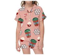 Generico Set Pigiama Natalizio per Bambine e Ragazze con Stampa Top a Maniche Corte con Risvolto+Pantaloncini Pigiami Invernali per Bambina Sono Morbidi e Comodi Bambini Pigiama (Navy #2, 6-7 Years)