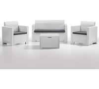 Generico Set Salotto da Giardino Esterno 'Nebraska 2' in Rattan per 4 Persone - 2 Poltrone, 1 Divano, 1 Tavolino Porta Cuscini con 4 Cuscini Inclusi. (Bianco)