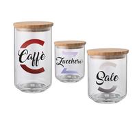 Generico Set Tris Barattoli per Sale Caffè Zucchero Confezione da 3 Contenitori Trasparenti In Vetro Personalizzati Con Coperchio Legno 2 da 700ml 1 da 900ml Idea Regalo Arredo Decorazioni Casa Cucina