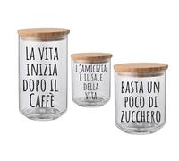 Generico Set Tris Contenitori per Sale Zucchero e Caffè con Frasi Confezione 3 Barattoli Trasparenti In Vetro Personalizzati Coperchio Legno 2 700ml 1 900ml Idea Regalo Arredo Decorazioni Casa Cucina