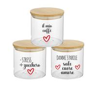 Generico Set Tris Contenitori per Sale Zuccherro e Caffè Personalizzati con Frasi Divertenti Confezione 3 Barattoli Trasparenti In Vetro Coperchio Legno Idea Regalo Arredo Decorazioni Casa Cucina