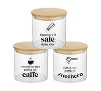 Generico Set Tris Contenitori per Sale Zuccherro e Caffè Personalizzati con Frasi Simpatiche Confezione 3 Barattoli Trasparenti In Vetro Coperchio Legno Idea Regalo Arredo Decorazioni Casa Cucina