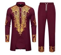 Genérico Set Uomo Africano Costume Medio Oriente Thobe con Pantaloni Set Africano 2 Pezzi Dashiki e Pantaloni Taglio Normale Abbigliamento Dubai Kaftan Arabo Costume Islamico, Vinaccia, L