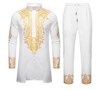 Genérico Set Uomo Africano Costume Medio Oriente Thobe con Pantaloni Set Africano 2 Pezzi Dashiki e Pantaloni Taglio Normale Abbigliamento Dubai Kaftan Arabo Costume Islamico, bianco, M