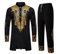 Genérico Set Uomo Africano Costume Medio Oriente Thobe con Pantaloni Set Africano 2 Pezzi Dashiki e Pantaloni Taglio Normale Abbigliamento Dubai Kaftan Arabo Costume Islamico, Nero , S