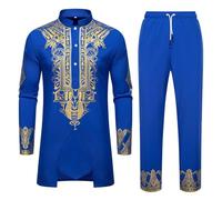 Genérico Set Uomo Africano Costume Medio Oriente Thobe con Pantaloni Set Africano 2 Pezzi Dashiki e Pantaloni Taglio Normale Abbigliamento Dubai Kaftan Arabo Costume Islamico, blu, M