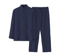 Generico Set Uomo Stile Cinese Tang, Camicia in Cotone e Lino, Collare Mandarino, Maniche Lunghe, per Kung Fu e Tai Chi, Outfit Tradizionale (Navy, L)
