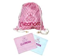 Generico SET Zainetto/Zaino, Sacca Personalizzabile Bambino e Bambina in 100% Cotone CON 2 ASCIUGAMANI | Sacchetto Asilo Nido Scuola Materna | Personalizzato con Ricamo Nome e Disegno | Made in Italy
