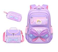 Generico Set Zaino Scuola Bambina 3 Pezzi, Zaino Ergonomico Grande Capacità | Completo scolastico con fantasia farfalla, zaino ragazza leggero e salva schiena, ideale per scuola primaria e libri