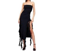 Generico Sexy Dresses for Women,Ruched Asymmetrical Hem Tube Dress,off The Shoulder Bodycon Ruffle Dress Split Thigh(Black,L)