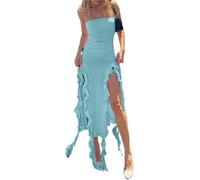 Generico Sexy Dresses for Women,Ruched Asymmetrical Hem Tube Dress,off The Shoulder Bodycon Ruffle Dress Split Thigh(Blue,S)