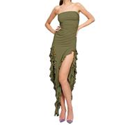 Generico Sexy Dresses for Women,Ruched Asymmetrical Hem Tube Dress,off The Shoulder Bodycon Ruffle Dress Split Thigh(Green,S)