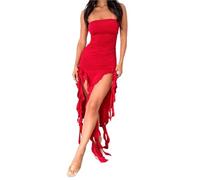Generico Sexy Dresses for Women,Ruched Asymmetrical Hem Tube Dress,off The Shoulder Bodycon Ruffle Dress Split Thigh(Red,S)