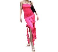 Generico Sexy Dresses for Women,Ruched Asymmetrical Hem Tube Dress,off The Shoulder Bodycon Ruffle Dress Split Thigh(Pink,M)