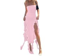 Generico Sexy Dresses for Women,Ruched Asymmetrical Hem Tube Dress,off The Shoulder Bodycon Ruffle Dress Split Thigh(Pink2,L)
