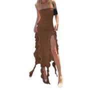 Generico Sexy Dresses for Women,Ruched Asymmetrical Hem Tube Dress,off The Shoulder Bodycon Ruffle Dress Split Thigh(Brown,S)