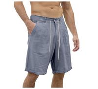 Generico Short Classique décontracté en Lin pour Hommes, Taille élastique, Plage d'été, Planche légère, Slim avec sac (Grey, L)