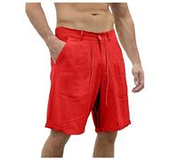 Generico Short Classique décontracté en Lin pour Hommes, Taille élastique, Plage d'été, Planche légère, Slim avec sac (Red, S)
