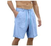 Generico Short Classique décontracté en Lin pour Hommes, Taille élastique, Plage d'été, Planche légère, Slim avec sac (Blue, XL)