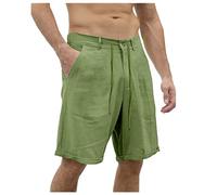 Generico Short Classique décontracté en Lin pour Hommes, Taille élastique, Plage d'été, Planche légère, Slim avec sac (Green, S)