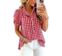 Generico Signore Sbuffato Taglio Maniche Button Down Gingham Camicie a Righe Stand Collari Collane Business (Rosso Karo,XXL)