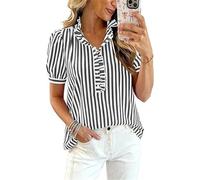 Generico Signore Sbuffato Taglio Maniche Button Down Gingham Camicie a Righe Stand Collari Collane Business (A Righe Nere,S)