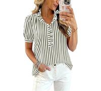 Generico Signore Sbuffato Taglio Maniche Button Down Gingham Camicie a Righe Stand Collari Collane Business (Verde Militare a Righe,S)