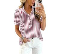 Generico Signore Sbuffato Taglio Maniche Button Down Gingham Camicie a Righe Stand Collari Collane Business (Rosso a Righe,XXL)