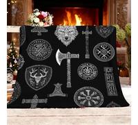 Generico Singolo Coperta Pile Divano XL 130x150 cm Tema Della Cultura Nordica Retrò Coperta Plaid Pile Letto Calore Blanket in Flanella, Nero Coperte Morbida Leggera Per Campeggio e Viaggi