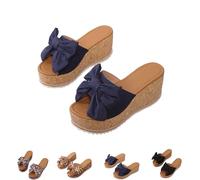 Generico Slide Sandals for Women Plus Size Bow-Knot Platform Wedge Sandals Summer Dressy Outdoor Beach Sandal Comfortable Open Toe Non-Slip Walking Slippers (Blue,37)