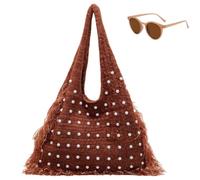 Generico Slouchy Pearl Studded Shoulder Bag with Tassel, Trendy Boho Large Capacity Handbag for Women, Fall Winter Casual Tote Bags