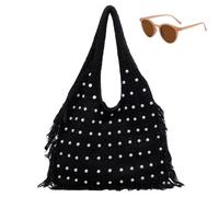 Generico Slouchy Pearl Studded Shoulder Bag with Tassel, Trendy Boho Large Capacity Handbag for Women, Fall Winter Casual Tote Bags