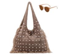 Generico Slouchy Pearl Studded Shoulder Bag with Tassel, Trendy Boho Large Capacity Handbag for Women, Fall Winter Casual Tote Bags