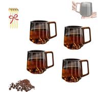 Generico Smokey Gray Glass Slanted Coffee Cups With Wooden Handle, Creative Wonder Mountain Bottom Wood Handle Cup, for Latte, Cappuccino, Hot & Cold Drinks (4PCS)