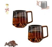 Generico Smokey Gray Glass Slanted Coffee Cups With Wooden Handle, Creative Wonder Mountain Bottom Wood Handle Cup, for Latte, Cappuccino, Hot & Cold Drinks (2PCS)