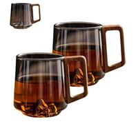 Generico Smokey Gray Glass Slanted Coffee Cups with Wooden Handle, Retro Creative Mountain Bottom Glass Mug, 450ml Heat Resistant Glasses Mug, for Latte, Hot & Cold Drinks (#A,2PCS)