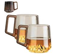 Generico Smokey Gray Glass Slanted Coffee Cups with Wooden Handle, Retro Creative Mountain Bottom Glass Mug, 450ml Heat Resistant Glasses Mug, for Latte, Hot & Cold Drinks (#B,2PCS)