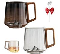 Generico Smokey Gray Glass Slanted Coffee Cups With Wooden Handle, Wooden Coffee Cup, Clear Glass Coffee Mug, Creative Mountain Bottom Cup For Latte, Cappuccino, Hot & Cold Drinks (Mix)
