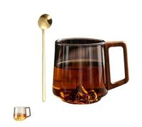 Generico Smokey Gray Retro Glass Coffee Mug with Wooden Handle,15.2oz Slanted Creative Design for Coffee and Tea,Mountain Bottom Clear Glass Cup for Latte (1, Blue-gray)